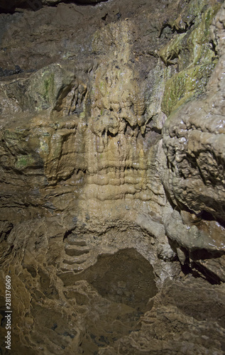 Geological rock formations in an underground cave