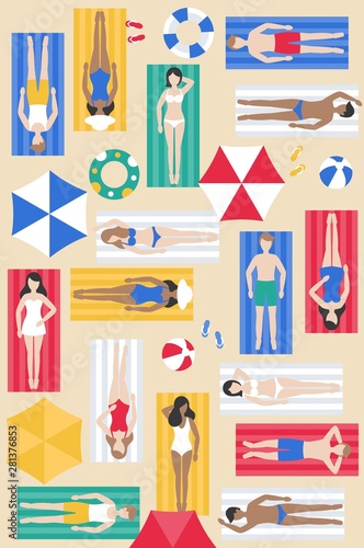 Sunbathing, different people on beach mat vector