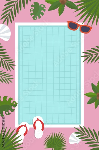 Summer poster, Swimming pool with palm leaf