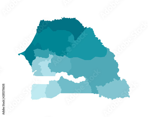 Vector isolated illustration of simplified administrative map of Senegal. Borders of the regions. Colorful blue khaki silhouettes