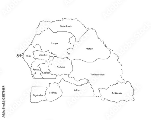 Vector isolated illustration of simplified administrative map of Senegal. Borders and names of the regions. Black line silhouettes