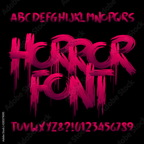 Horror alphabet font. Uppercase handwritten bloody letters and numbers. Stock vector typeface for your design.