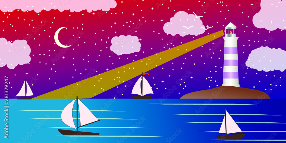 Sea landscape with lighting lighthouse. Dark sky moon and stars. Sailing ships regatta. Navigational and travel concept Sea landscape with lighting lighthouse. Dark sky moon and stars. Sailing ships regatta. Navigational and travel concept