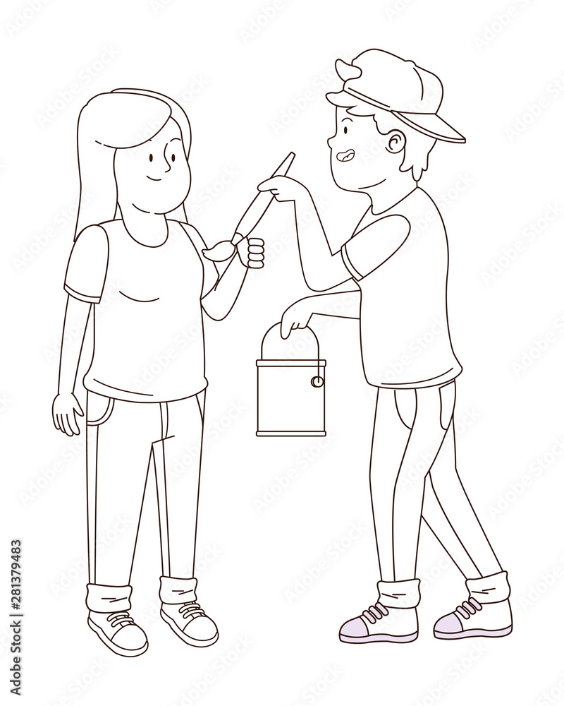 Teenagers friends smiling and having fun cartoon in black and white Teenagers friends smiling and having fun cartoon in black and white