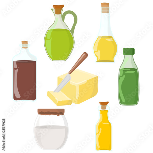 Set of Oil, Fat, Butter Icon. Food label, logo for Web and Banners. Cartoon Vector Illustration