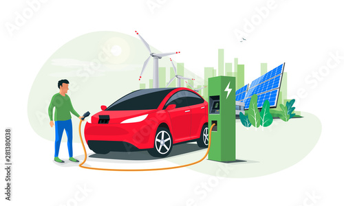 Electric suv car charging at the charger station with a young man holding the cable. Wind turbines and solar panels with green city skyline in background. Isolated flat vector illustration concept. 