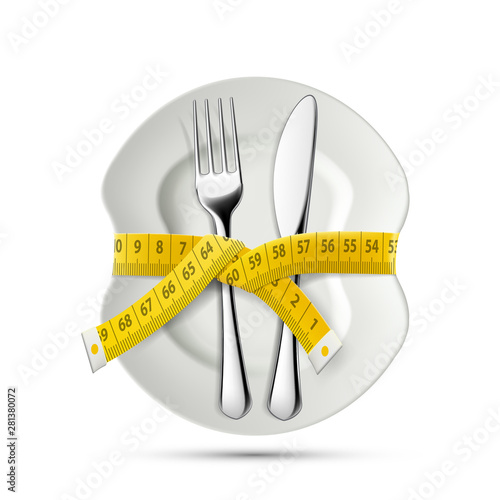 Measuring tailor tape around Plate with knife and fork