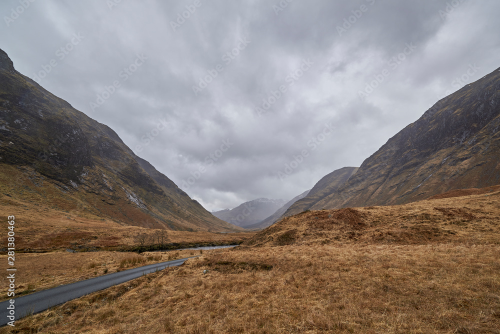 The Road through Glen Etive in the Highlands of Scotland. This Road winds some 15 miles down the Valley to the Sea Loch at its end.