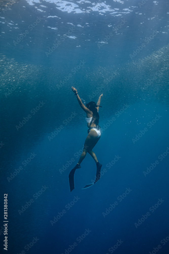 Woman in a sexy bikini enjoys diving with a massive school of sardines in Moalboal, Cebu.