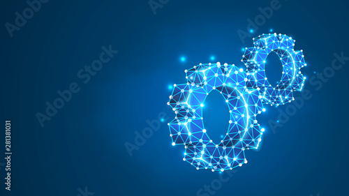 Two Spinning Gears. Industry development, engine work, business solution concept. Machine engineering technology symbol. Abstract, wireframe, low poly mesh, vector blue neon 3d illustration. Line dot