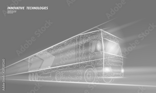 Low poly transport abstract truck. Lorry van fast delivery shipping logistic. Polygonal gray fog speed highway industry international transportation traffic vector illustration