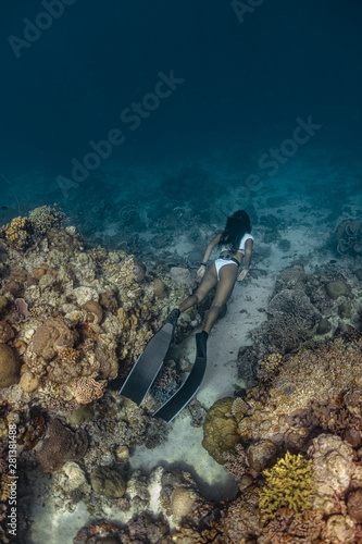 Young woman in sexy swimwear explores a pristine reef in Pescador island, Moalboal.