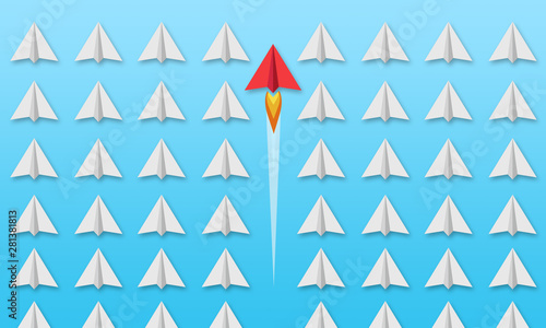 Illustration with paper planes on blue sky background metaphor for business solution and leadership