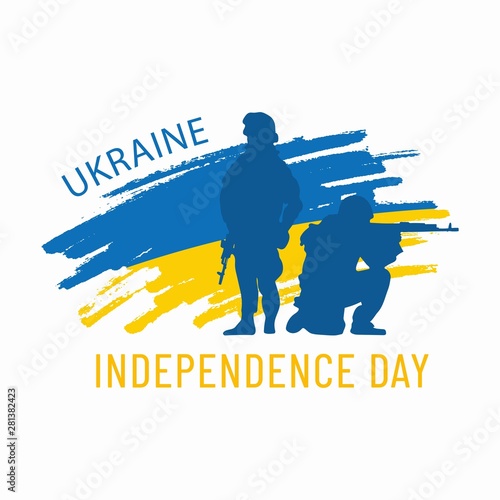 Ukrainian Independence day banner with soldiers. national symbol of Ukraine. Vector illustration.