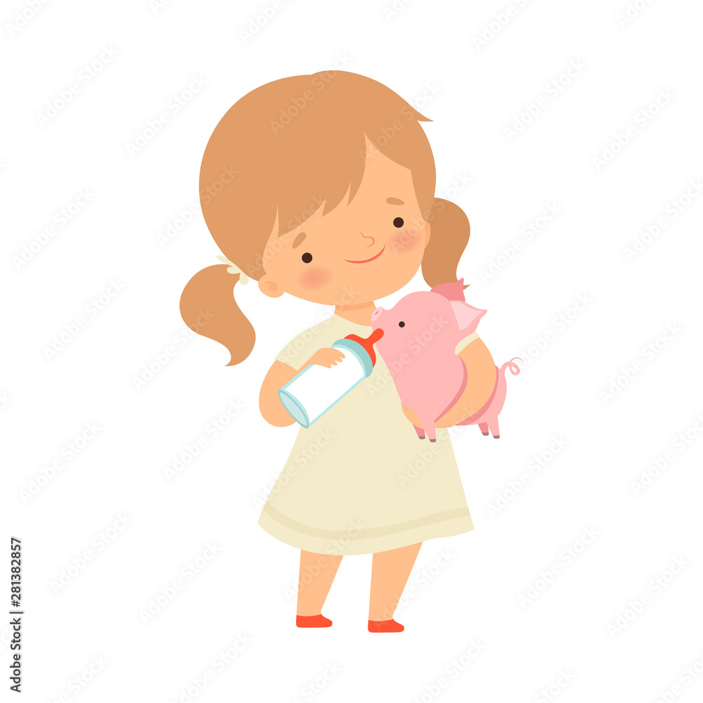 Cute Little Girl Feeding Piglet with Bottle of Milk, Adorable Kid Caring for Animal at Farm Cartoon Vector Illustration Cute Little Girl Feeding Piglet with Bottle of Milk, Adorable Kid Caring for Animal at Farm Cartoon Vector Illustration