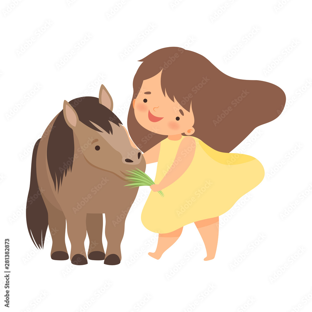 Cute Little Girl Feeding Pony with Grass, Adorable Kid Caring for Animal at  Farm Cartoon Vector Illustration Stock Vector | Adobe Stock