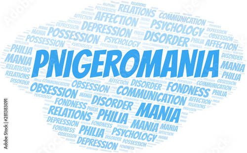 Pnigeromania word cloud. Type of mania, made with text only.