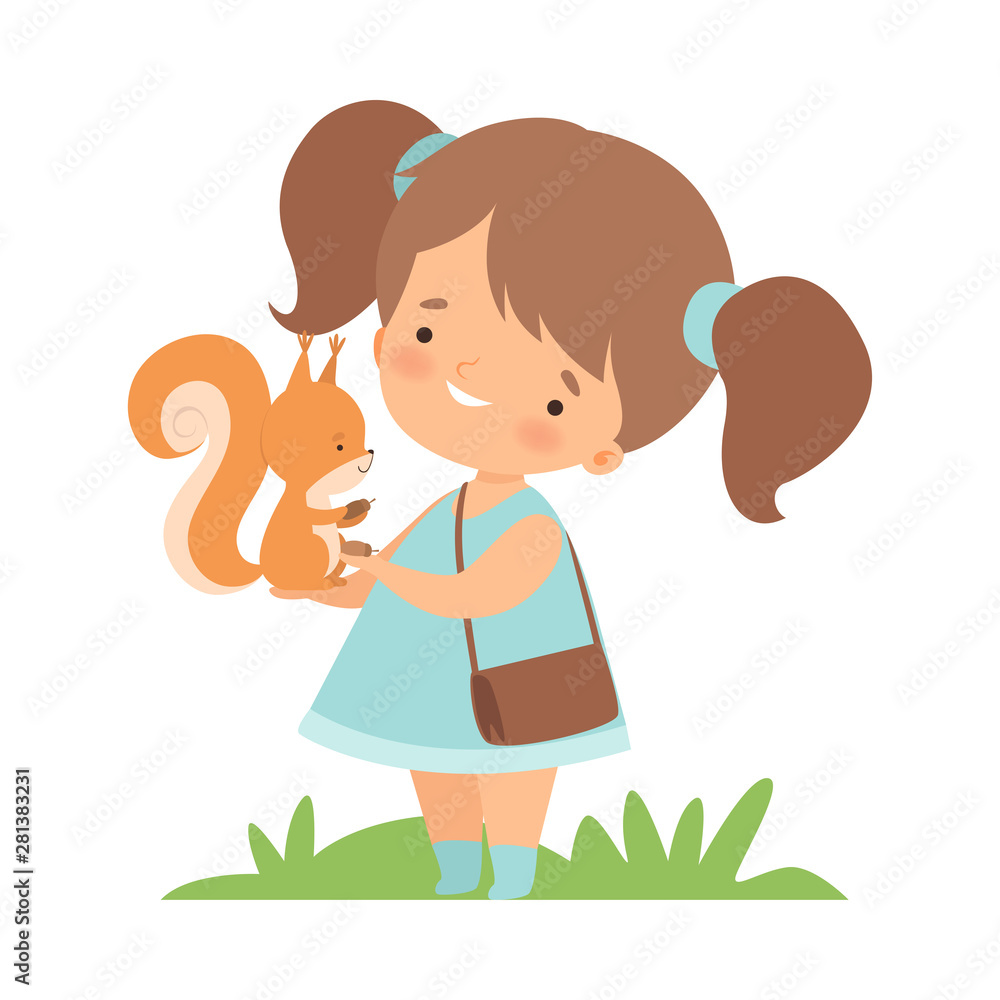 Cute Little Girl Feeding Squirrel, Adorable Kid Caring for Animal Cartoon  Vector Illustration Stock Vector | Adobe Stock
