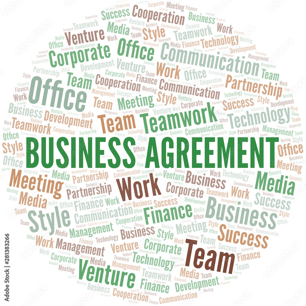 Business Agreement word cloud. Collage made with text only.