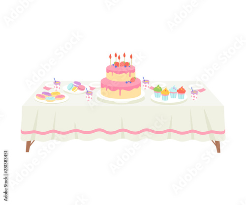 Festive Table with White Tablecloth Setting with Cake with Candles and Sweets Vector Illustration