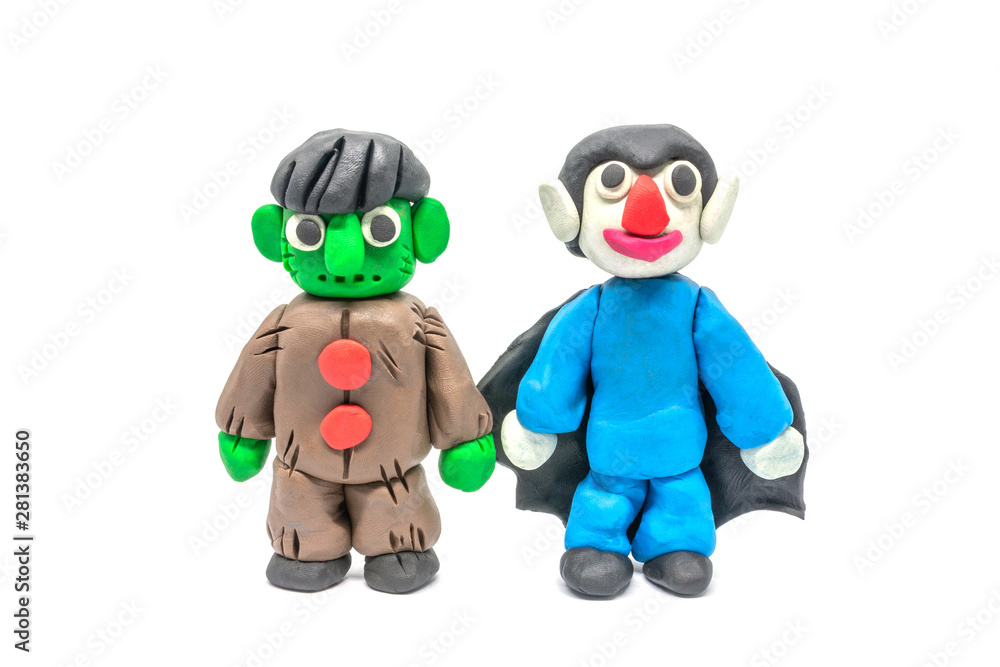 Play dough Dracula and Monster halloween on white background. Handmade clay plasticine Play dough Dracula and Monster halloween on white background. Handmade clay plasticine
