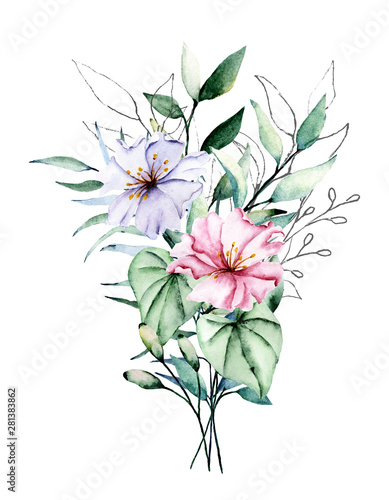 Fototapeta Naklejka Na Ścianę i Meble -  Watercolor tropical flowers, pink and violet bouquet. Floral clip art. Perfectly for printing design on invitations, cards, wall art and other. Isolated on white background. Hand painted. 