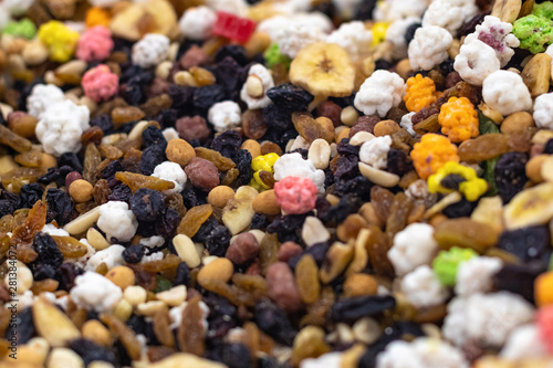 Assorted oriental sweets  raisins and dried fruits on the market  macro photo. Concept tasty nutritious delicacy  selective focus.