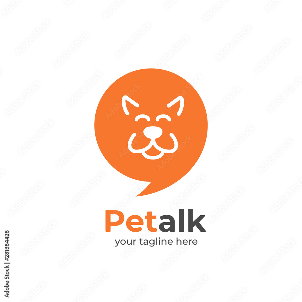 Pet talk logo idea with happy dog outline face silhouette inside bubble chat speak icon Pet talk logo idea with happy dog outline face silhouette inside bubble chat speak icon