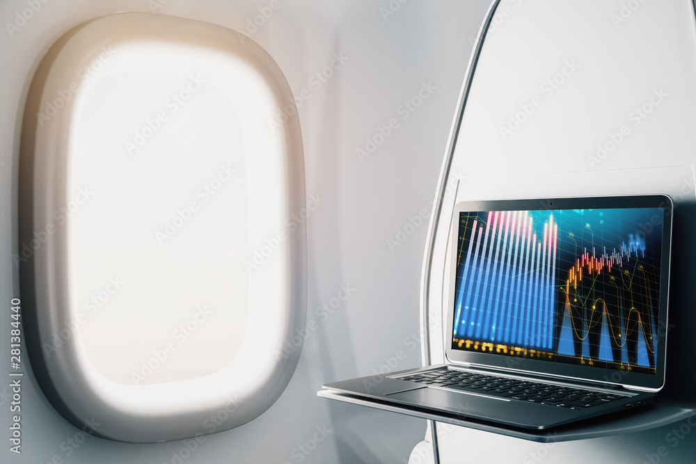 Laptop closeup inside airplane with forex graph on screen. Financial market trading concept. 3d rendering. Laptop closeup inside airplane with forex graph on screen. Financial market trading concept. 3d rendering.