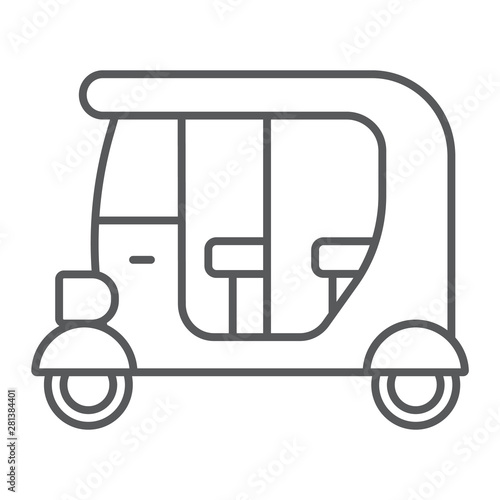 Tuk tuk thin line icon, car and vehicle, rickshaw sign, vector graphics, a linear pattern on a white background.