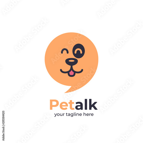 Happy pet talk logo with dog face on bubble chat idea speak speech round shape vector icon