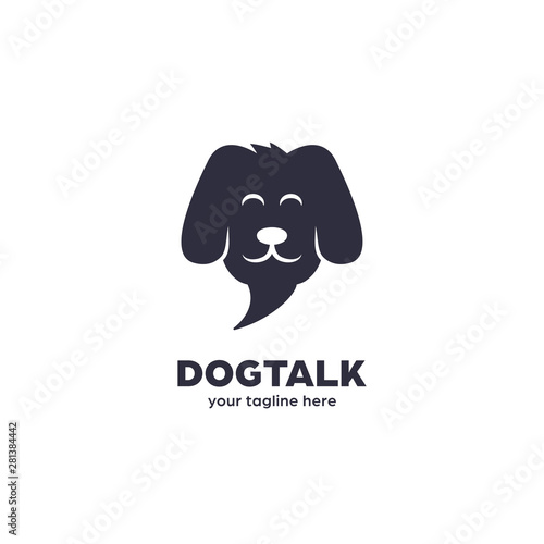 Pet dog talk whisperer logo, dog trainer logo in bubble chat speak speech vector shape icon illustration
