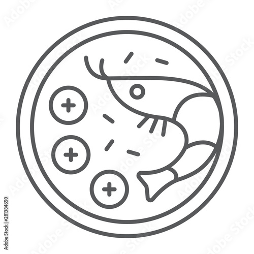 Tom yum goong thin line icon, thai and food, shrimp sign, vector graphics, a linear pattern on a white background.