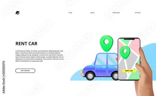 Landing page concept illustration of rent car sharing with mobile app maps