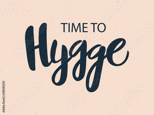 Vector illustration of hygge text for logo. Handwritten brush lettering for banner, logo, flayer, label, icon, badge, sticker. Dark isolated inscription on beige background with texture.
