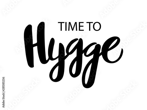 Vector illustration of hygge text for logo. Handwritten brush lettering for banner, logo, flayer, label, icon, badge, sticker. Black isolated inscription on white background.