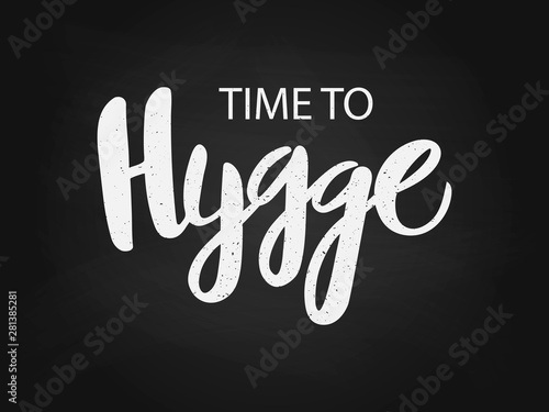 Vector illustration of hygge text for logo. Handwritten brush lettering for banner, logo, flayer, label, icon, badge, sticker. White isolated inscription on black chalkboard.