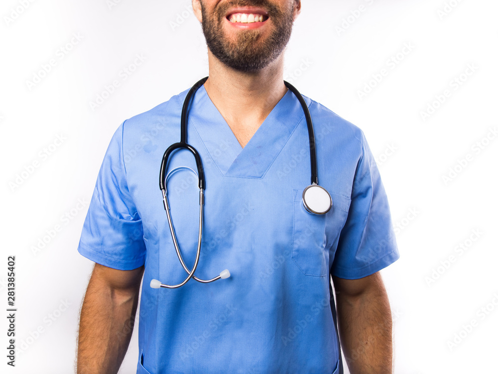 man wearing a blue medical uniform with a stethoscope man wearing a blue medical uniform with a stethoscope