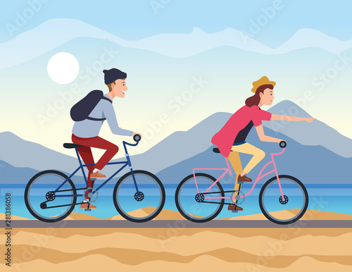 Young couple travel in bikes