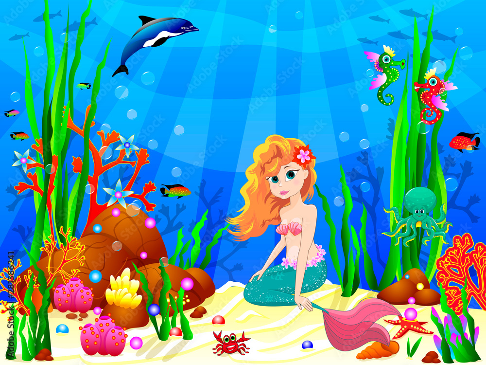 Fototapeta premium Little Mermaid among the inhabitants of the underwater world
