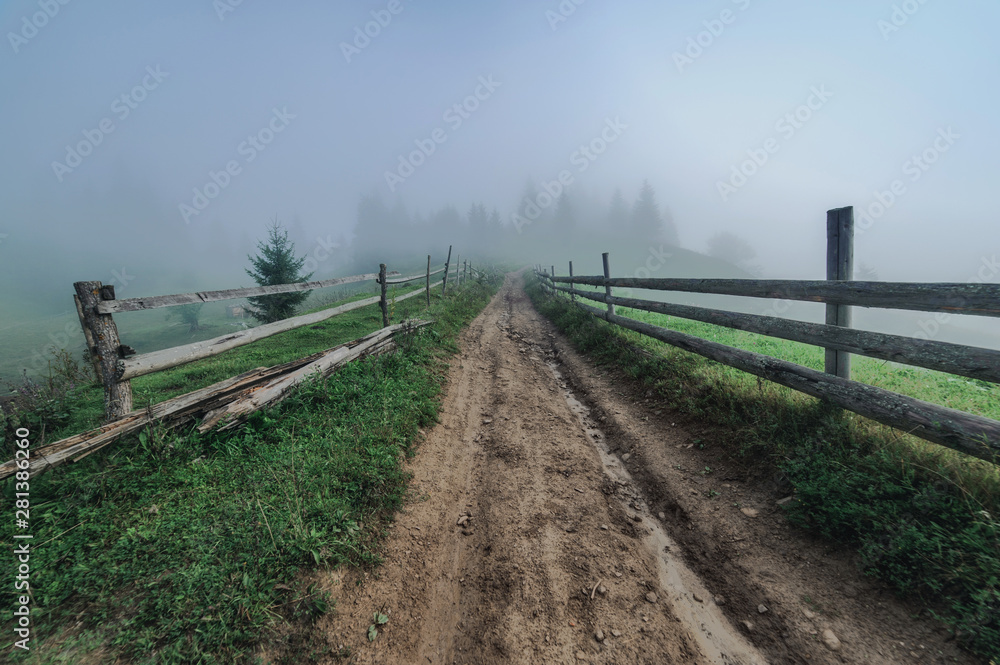 rural foggy road in village