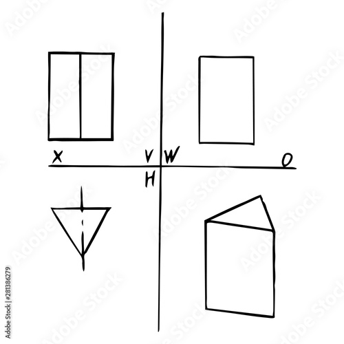Projection plane of triangular prism- front, top, left side and pictorial view. Mechanical drawing. Geometrical 3D object for technical documentation, schoolbooks and design. Vector illustration
