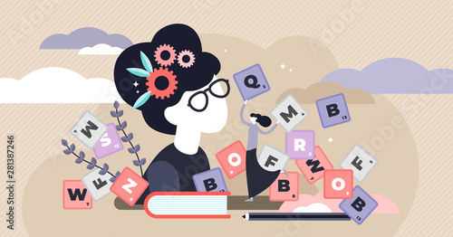 Vocabulary vector illustration. Flat tiny words knowledge persons concept. photo