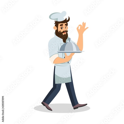 Bearded chef in cook cap keeping tray for hot dish and showing ok sign. Cheerful waiter carrying meal to guests. Food server in uniform. Vector cartoon illustration isolated on white background.
