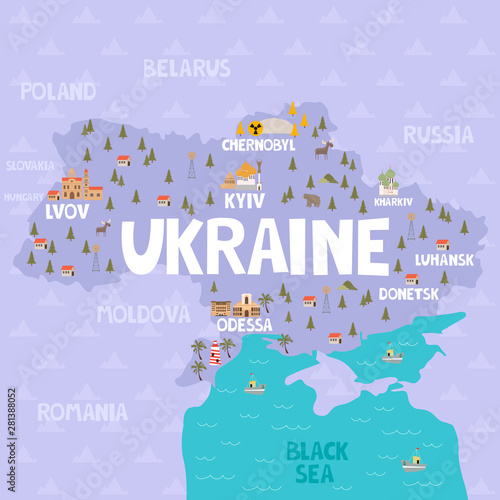 Illustration map of Ukraine with city, landmarks and nature. Editable vector illustration