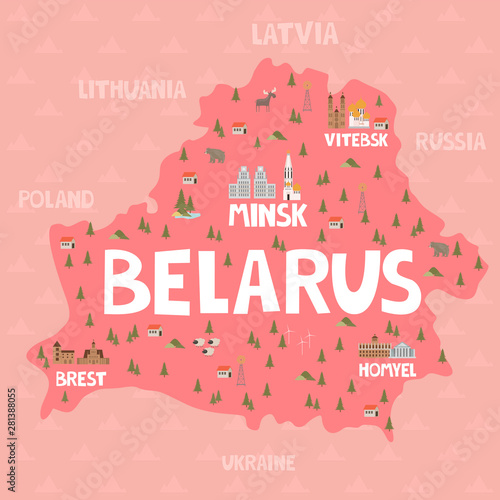 Canvas Print Illustration map of Belarus with city, landmarks and nature