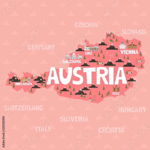 Illustration map of Austria with city, landmarks and nature. Editable vector illustration