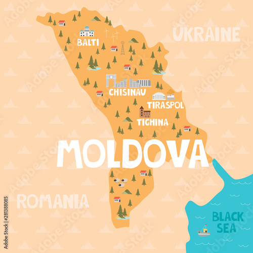 Tableau sur toile Illustration map of Moldova with city, landmarks and nature