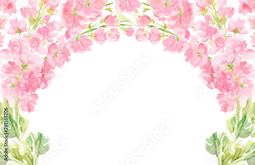 Pink abstract floral watercolor horizontal frame wreath arrangement pastel color flowers and leaves hand painted background in circle for text greeting wedding card logo design isolated on white 