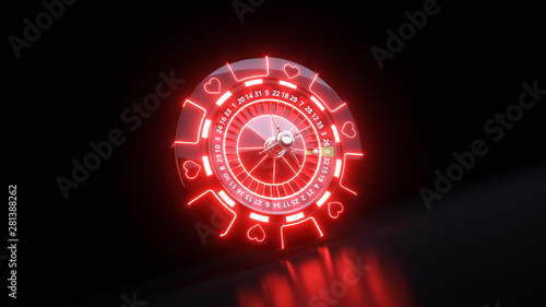 Casino Roulette Wheel and Chips Gambling Concept With Neon Lights - 3D Illustration